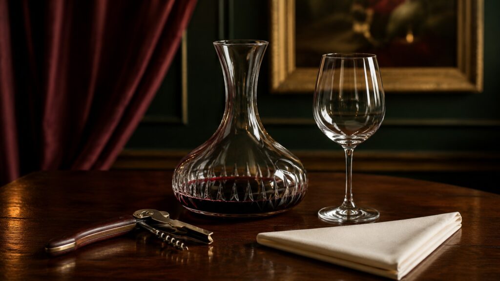6 herramientas básicas que todo Sommelier debe tener - Mesa de madera oscura con un sacacorchos de dos tiempos abierto, un decantador de cristal con v