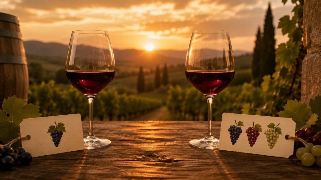 Blends y Varietales: ¿Cuáles son sus diferencias? - Dos copas de vino tinto sobre una mesa rústica de madera, una frente a la otra: una copa con un ca