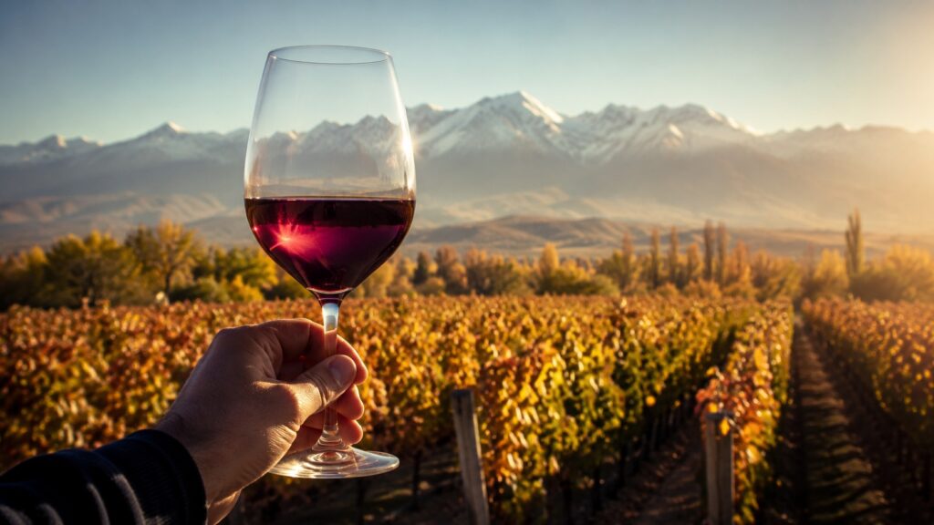 Bodega Kaiken - Vinos Premium de Mendoza, Argentina - Copa de vino tinto con reflejos violáceos sostenida a contraluz frente a hileras de viñas en oto