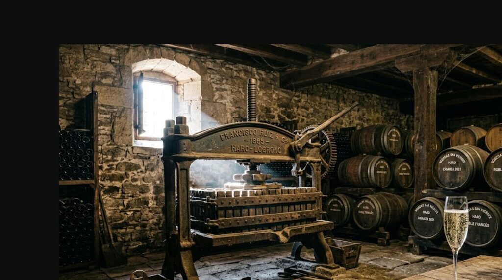 Bodega La Abeja - Vinos y Espumantes de Alta Gama - Una antigua prensa de hierro de 1885, iluminada por un rayo de luz que atraviesa una ventana de la