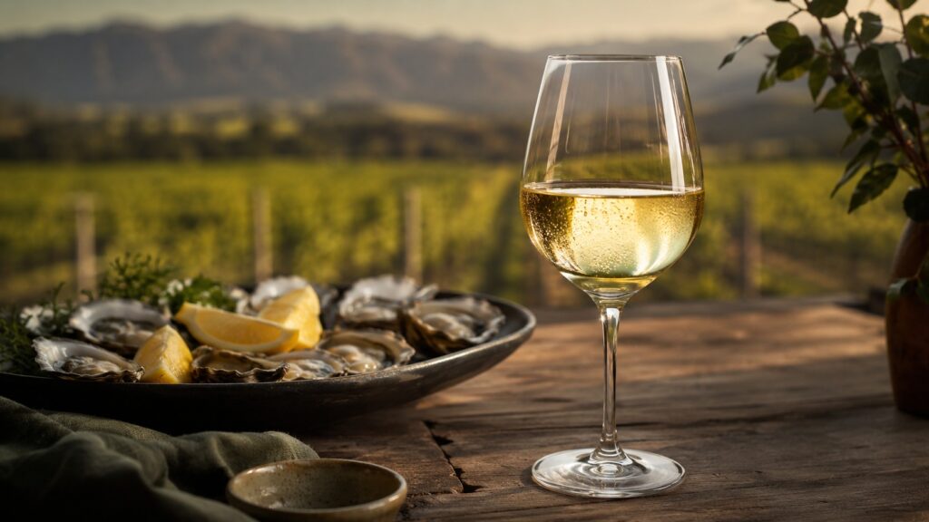 Características del Sauvignon Blanc: Sabor y Aroma Únicos - Copa de vino Sauvignon Blanc amarillo pálido con reflejos verdosos, sostenida sobre una me