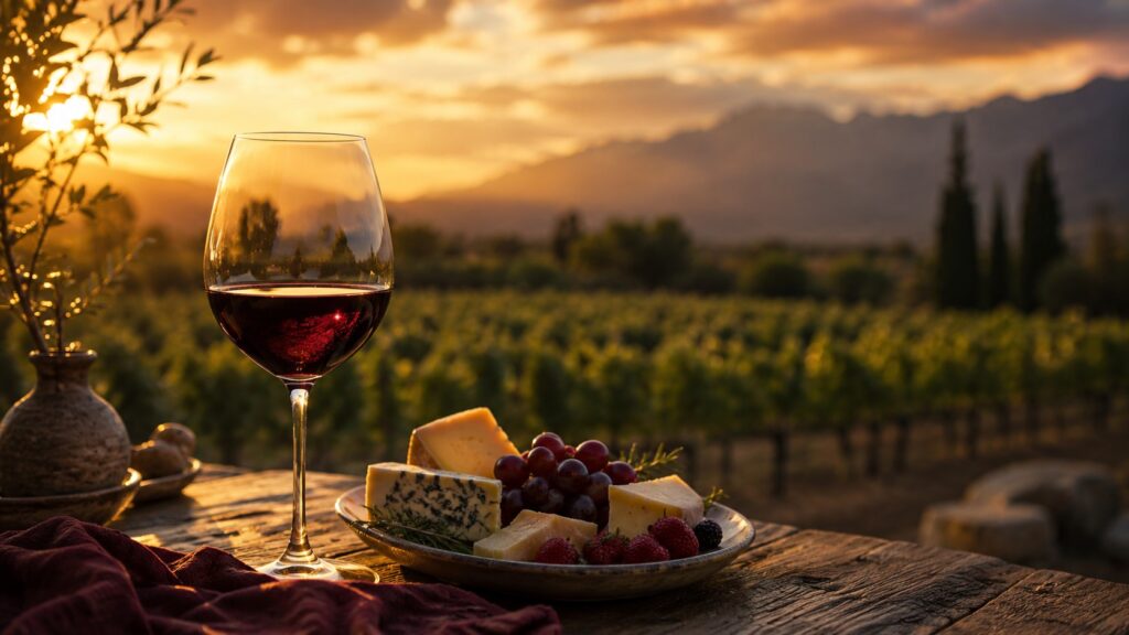 Características del vino Merlot: Sabores y Aromas - Copa de vino tinto Merlot rubí con destellos violetas sobre mesa rústica de madera, junto a un pla