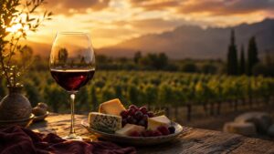 Características del vino Merlot: Sabores y Aromas 1 Características del vino Merlot: Sabores y Aromas - Copa de vino tinto Merlot rubí con destellos violetas sobre mesa rústica de madera, junto a un pla
