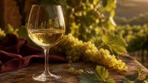 Características sensoriales del vino blanco Chardonnay - Copa ancha con vino blanco dorado pálido apoyada sobre una mesa de madera rústica, con racimo