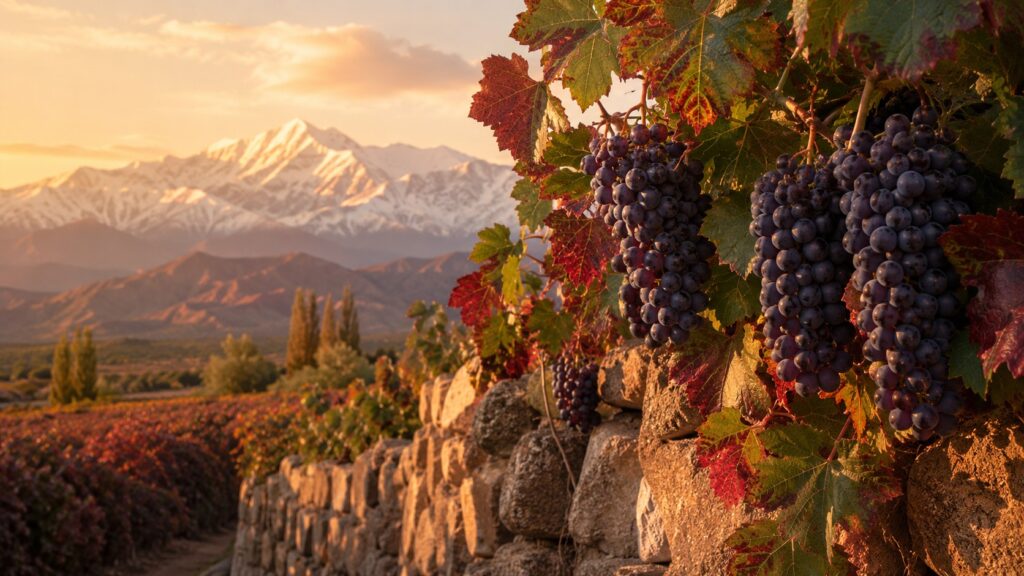 Cepas de uvas - Racimos de uva Malbec madura colgando entre hojas rojizas sobre una pared de piedra antigua, con la cordillera nevada al fondo y luz d