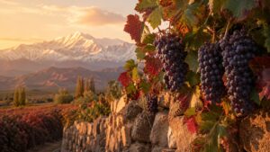 Cepas de uvas - Racimos de uva Malbec madura colgando entre hojas rojizas sobre una pared de piedra antigua, con la cordillera nevada al fondo y luz d