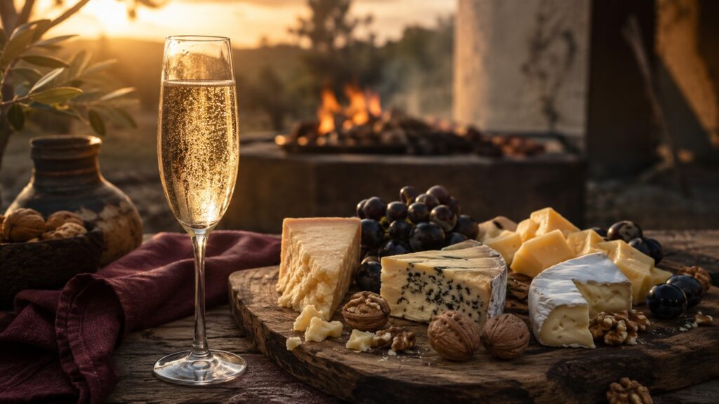 Descubra las mejores combinaciones de vino espumoso con quesos - Copa de espumante con burbujas subiendo, apoyada sobre una tabla de madera rústica co