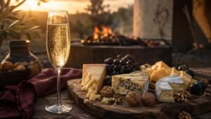Descubra las mejores combinaciones de vino espumoso con quesos - Copa de espumante con burbujas subiendo, apoyada sobre una tabla de madera rústica co