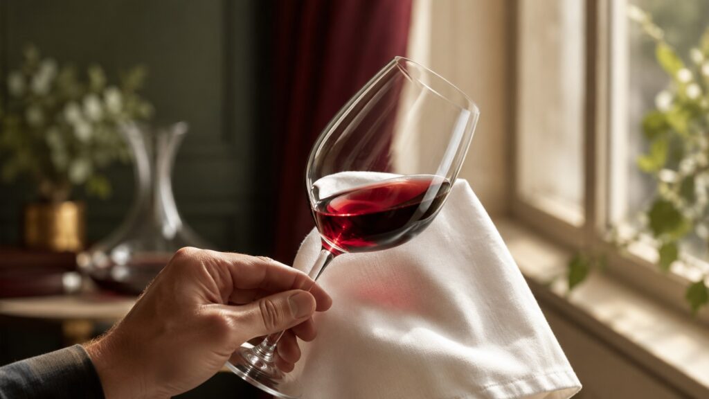 Cómo Catar Vino: Guía para Principiantes - Mano sujetando una copa de vino tinto inclinada sobre una servilleta blanca, con luz natural de ventana lat