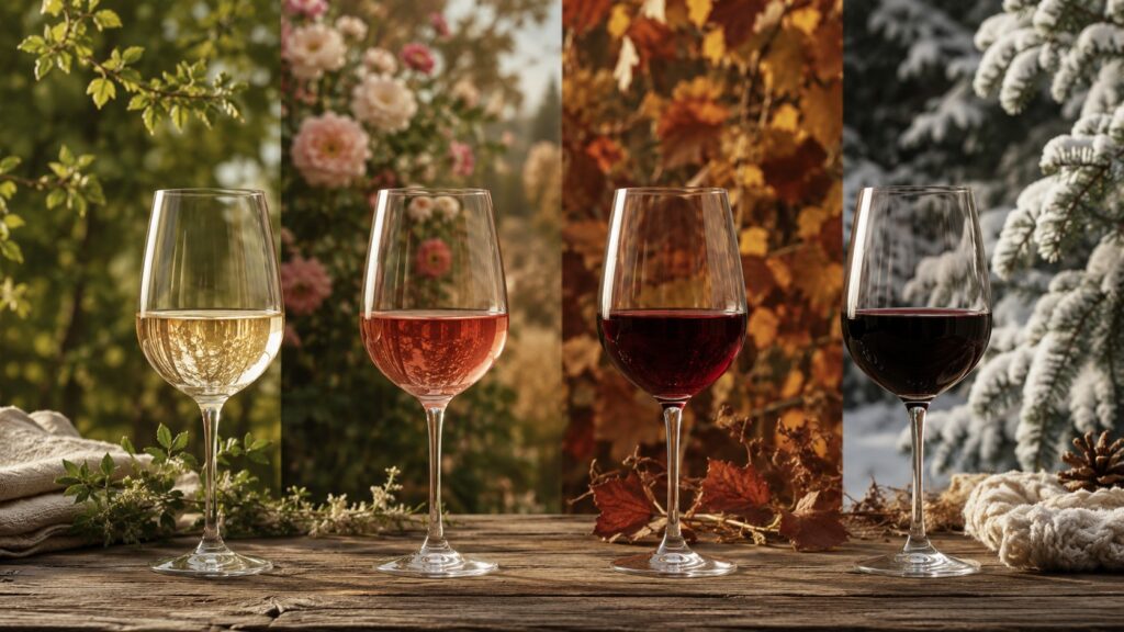 Cómo elegir los vinos según las estaciones del año - Cuatro copas de vino alineadas sobre una mesa de madera rústica al aire libre, cada una con un co
