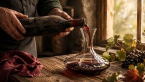 Cómo resucitar un vino en declive - Manos vertiendo con cuidado vino tinto oscuro desde una botella polvorienta hacia un decanter de cristal sobre una