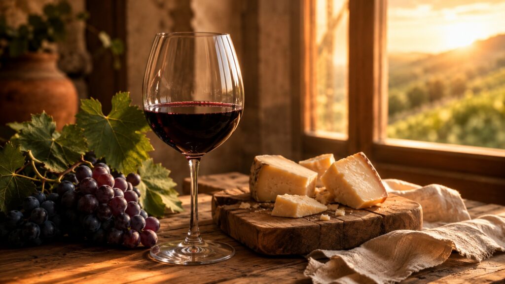 ¿Cuál es el vino más sabroso? - Copa de cristal con vino tinto oscuro sobre una mesa de madera, junto a un racimo de uvas malbec y una tabla de quesos