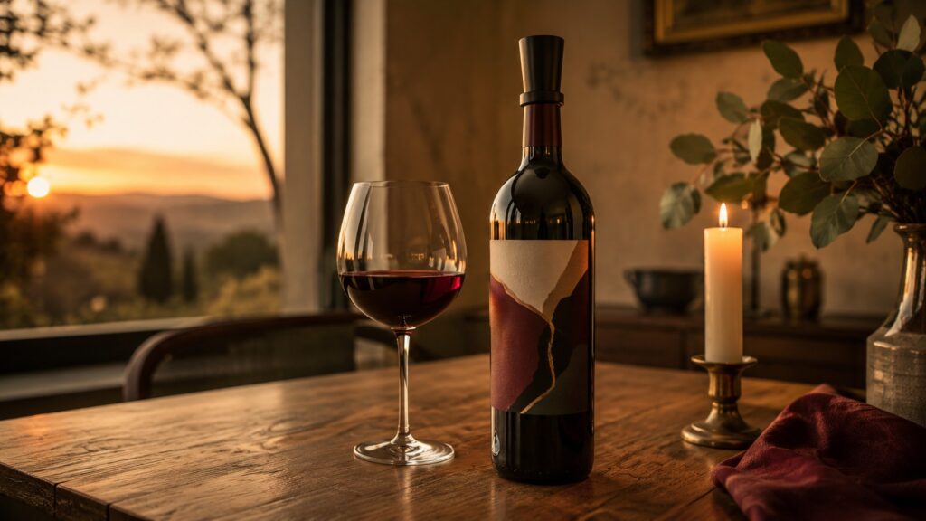 ¿Cuánto dura un vino sin abrir? ¡Descubre los secretos! - Una botella de vino tinto abierta con un tapón de vacío, junto a una copa a medio llenar y u