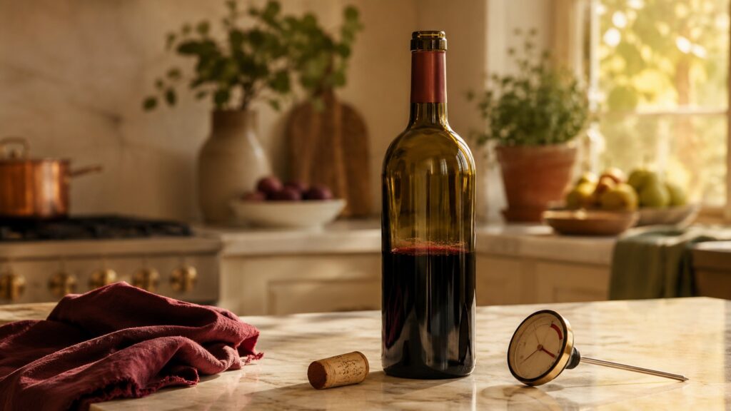 ¿Cuánto tiempo se puede guardar un vino en la heladera? - Una botella de vino tinto a medio terminar con el corcho apoyado al lado, sobre la mesada de