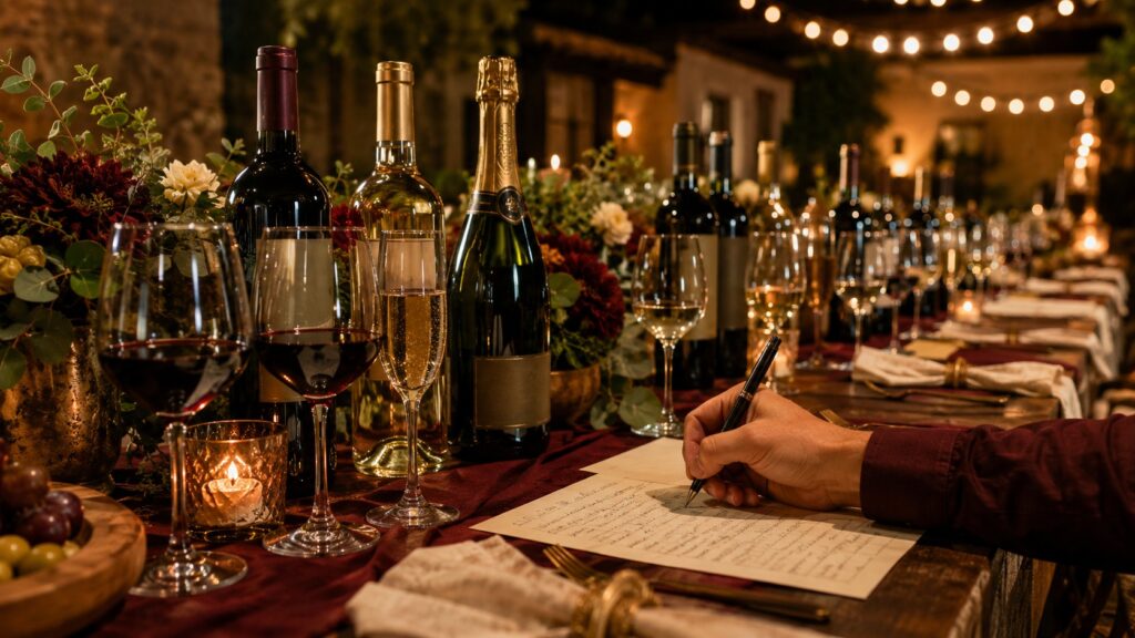 ¿Cuánto vino calcular para una fiesta? - Mesa larga de fiesta nocturna con botellas de vino tinto, blanco y espumante abiertas junto a copas llenas, y