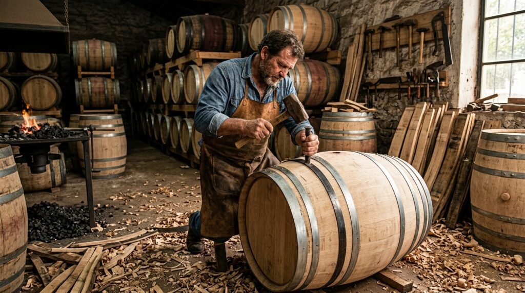 ¿De qué tipo de madera son las barricas donde se almacena el vino? - Maestro tonelero ajustando los flejes metálicos de una barrica de roble nueva en