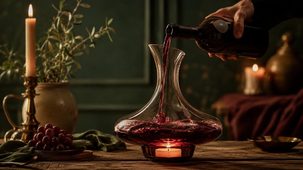 Decantación del Vino: Qué Es, Cuándo Hacerlo y Cómo - Mano vertiendo vino tinto desde una botella inclinada sobre un decantador de cristal transparent