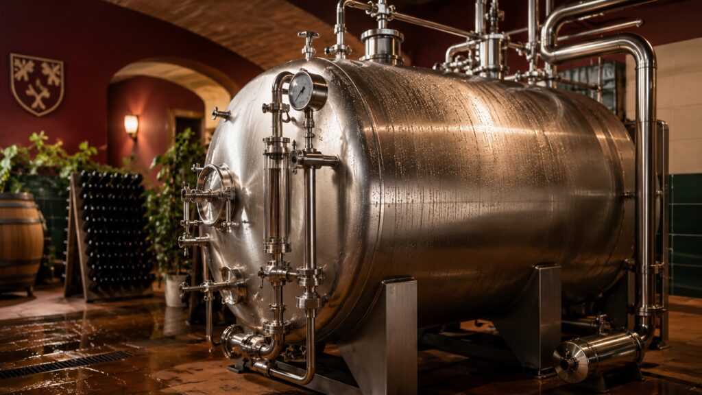 Descubre el método charmat para elaborar vinos espumosos - Un autoclave de acero inoxidable en una bodega, con manómetros y tuberías, durante la segun