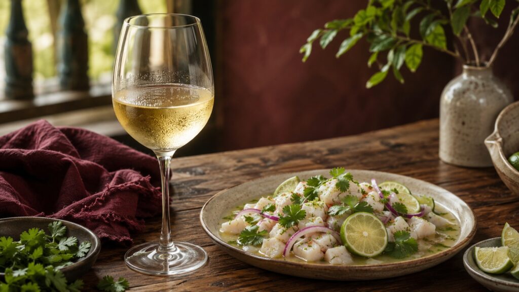 Descubre los Mejores Maridajes con Sauvignon Blanc - Una copa de Sauvignon Blanc bien fría junto a un plato de ceviche de pescado fresco con cilantro