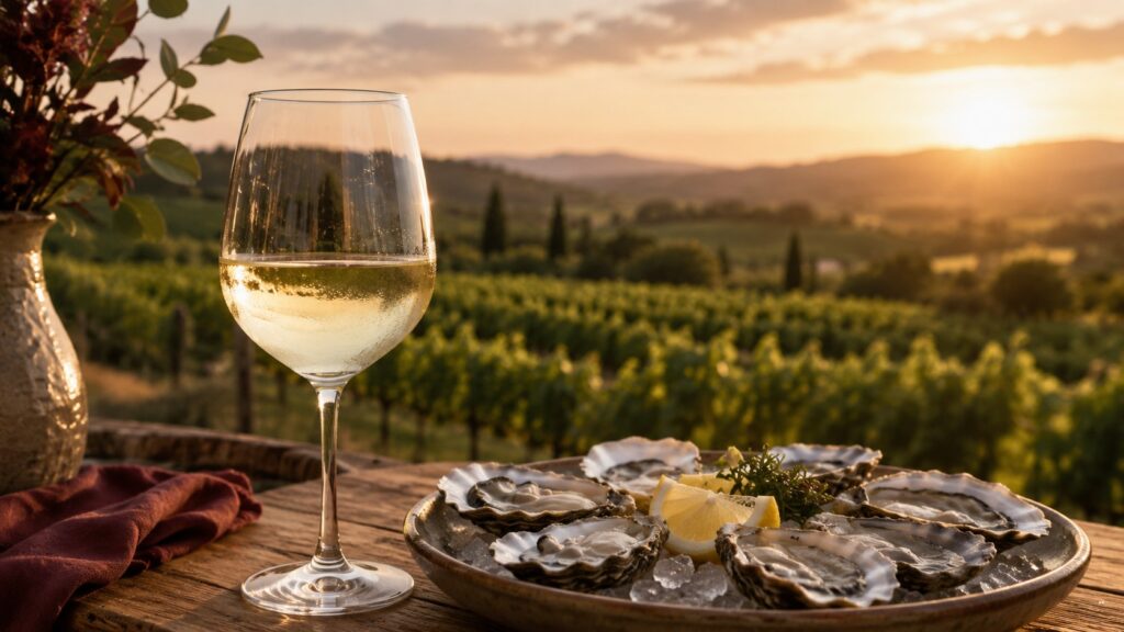 Descubre los Mejores Sauvignon Blanc del mundo - Una copa de vino Sauvignon Blanc translúcido sobre una mesa de madera rústica, con un fondo de viñedo