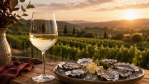 Descubre los Mejores Sauvignon Blanc del mundo 4 Descubre los Mejores Sauvignon Blanc del mundo - Una copa de vino Sauvignon Blanc translúcido sobre una mesa de madera rústica, con un fondo de viñedo