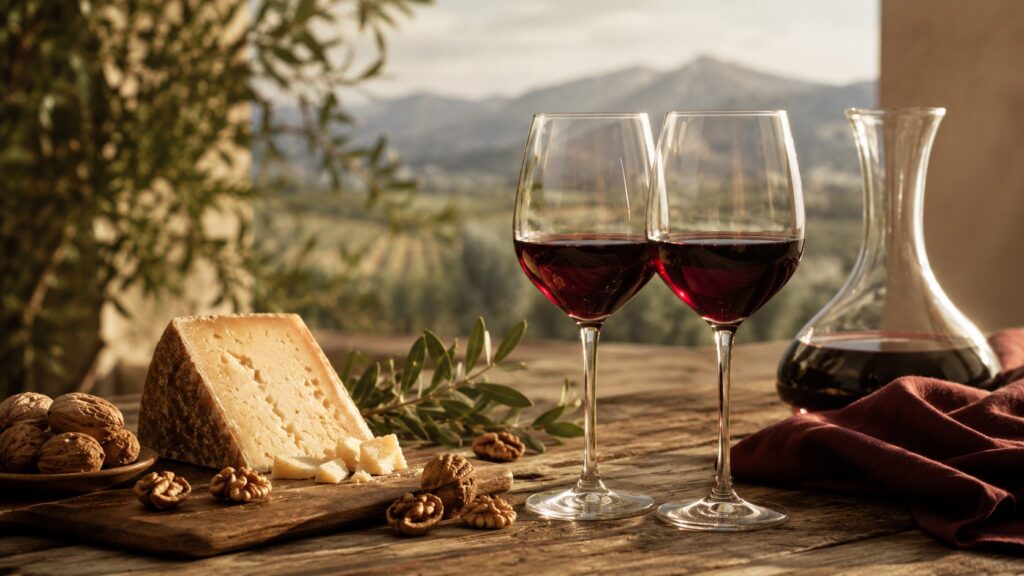 Descubre los mejores vinos tintos franceses en Argentina - Dos copas de vino tinto con reflejos rubí sobre una mesa de madera rústica, junto a un troz