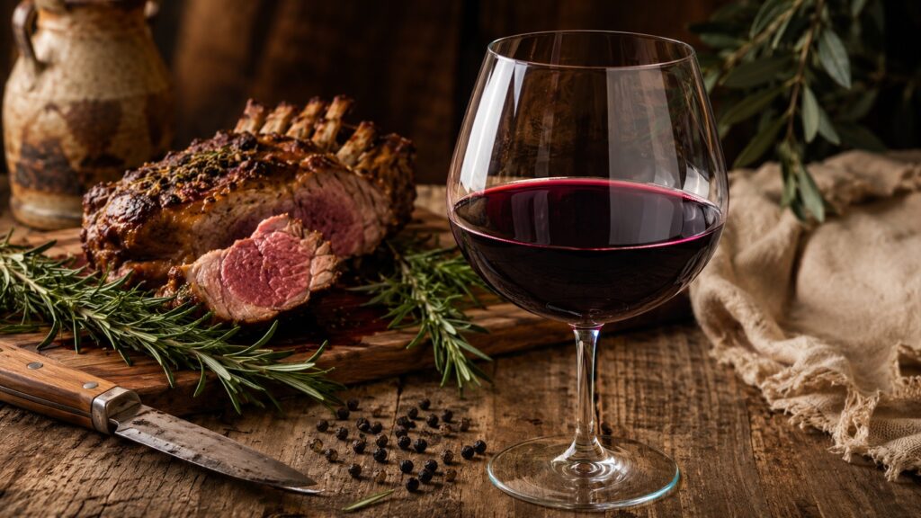 Celebramos el Syrah: las mejores comidas para combinarlo - Copa ancha de vino tinto violáceo sobre una mesa de madera rústica, rodeada de un trozo de