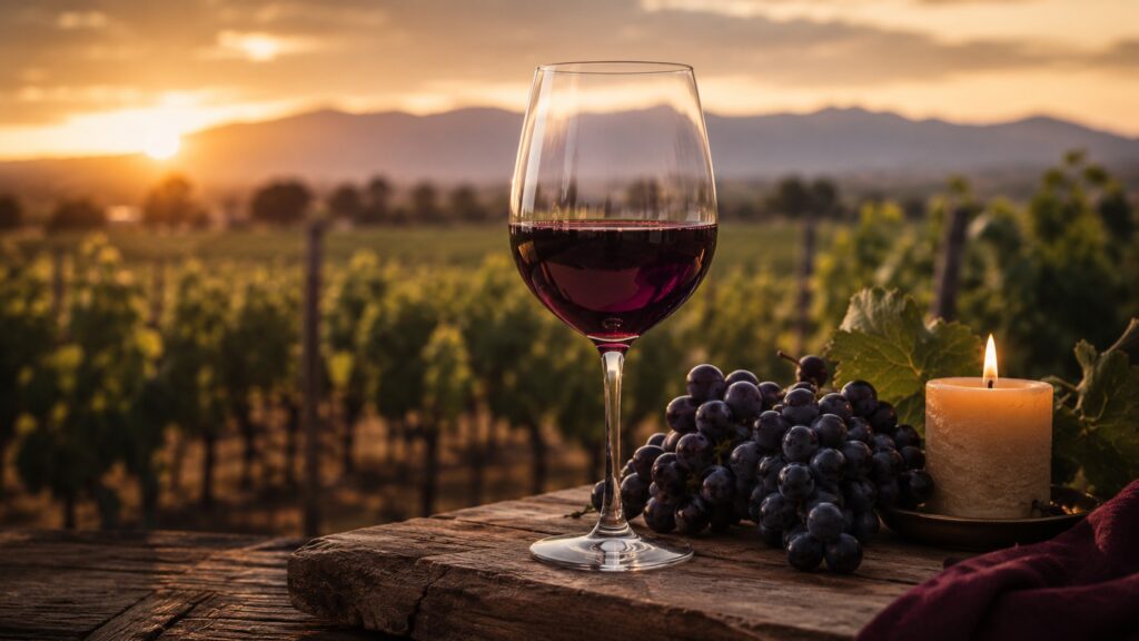 Día Mundial del Malbec 2026: historia y celebración - Copa de vino tinto con reflejos violáceos sobre una tabla de madera rústica, rodeada de un racim