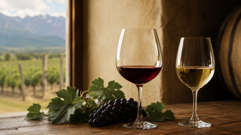 Diferencias entre Pinot Noir y Pinot Grigio - Dos copas de vino sobre una mesa de madera rústica: una con tinto rubí translúcido y otra con blanco dor