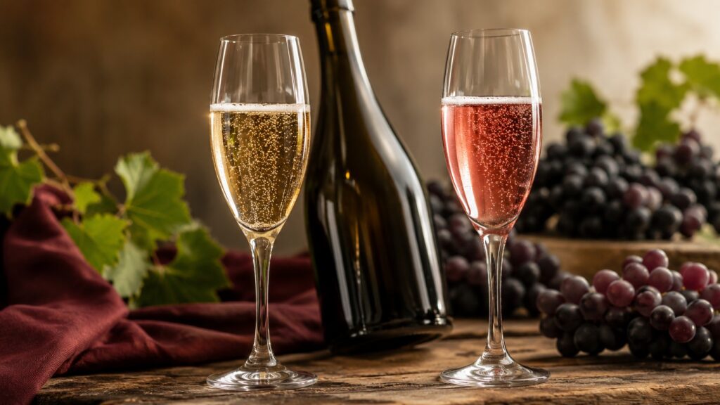 Diferencias entre vino espumoso y champagne: una guía - Dos copas flûte sobre una mesa de madera rústica: una con champagne francés de burbujas finas