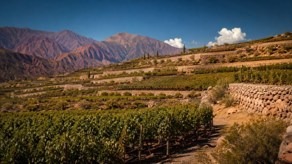 Efectos de la altitud en el cultivo de la vid en Argentina - Viñedos en terrazas escalonadas en los Valles Calchaquíes, con cepas verdes y montañas ár