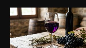 El ABC del Syrah: Orígenes y secretos - Copa de vino tinto con reflejos violáceos profundos sobre una tabla de madera rústica, rodeada de granos de pi