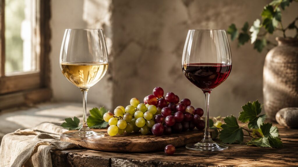 ¿El vino blanco es menos calórico que el tinto? - Copa de vino blanco y copa de vino tinto enfrentadas sobre una tabla de madera rústica, con uvas fre