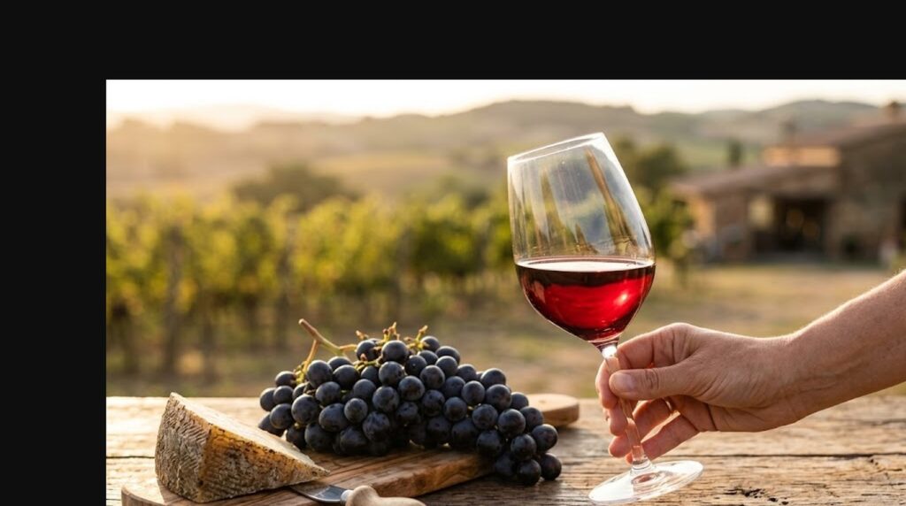 ¿El vino es un alimento? Las razones que lo confirman - Copa de vino tinto sostenida con la mano sobre una mesa de madera rústica, junto a un racimo d
