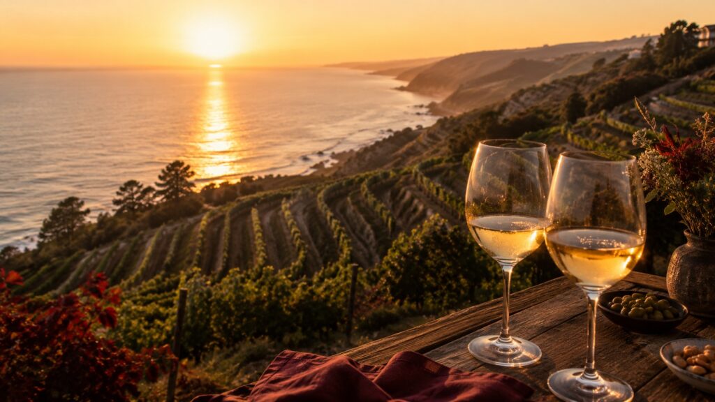 Enología en Valparaíso: Descubre la Ruta del Vino Chileno - Viñedos en terrazas con vista al océano Pacífico al atardecer, copas de vino blanco en pri