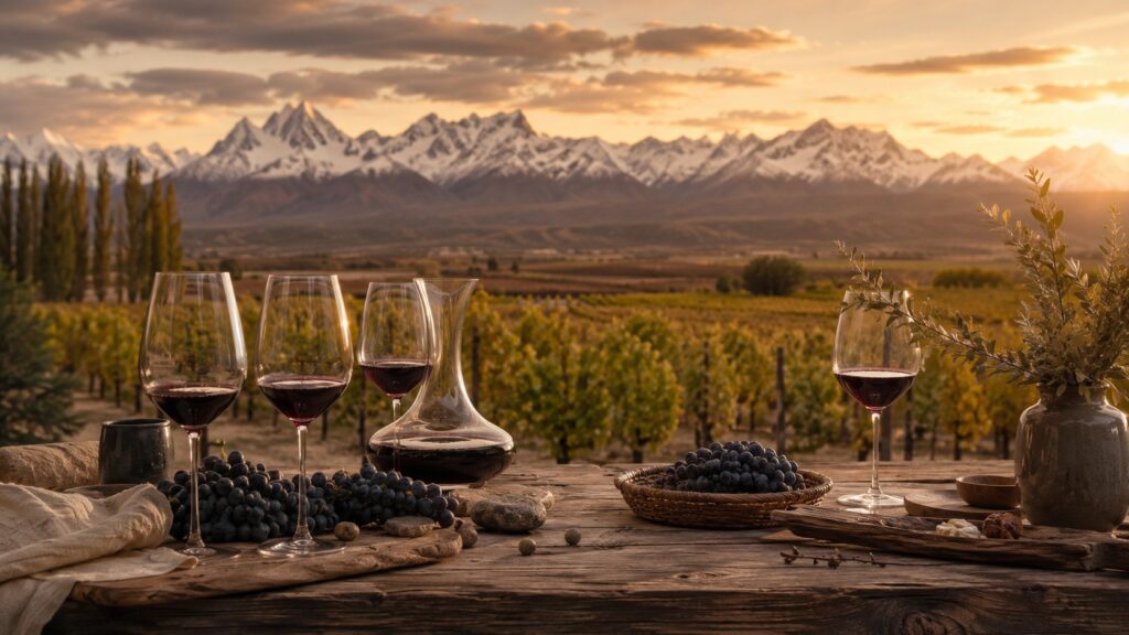 Enoturismo Argentina 2026: Guía de Rutas de Vino - Mesa de degustación al aire libre en un viñedo patagónico al atardecer, con copas de vino tinto, ra
