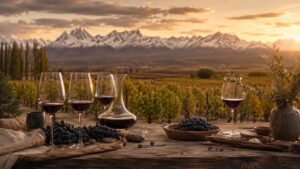 Enoturismo Argentina 2026: Guía de Rutas de Vino - Mesa de degustación al aire libre en un viñedo patagónico al atardecer, con copas de vino tinto, ra