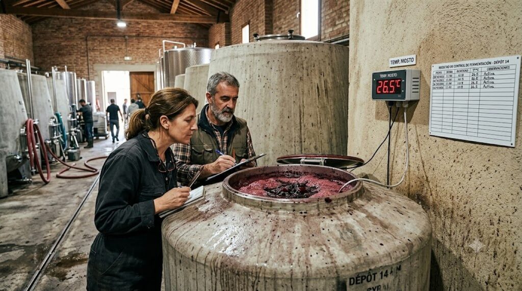 Fermentación Maloláctica en Vinos: ¿Qué es y por qué es Importante? - Enólogos observando un depósito de hormigón durante la fermentación, con un term