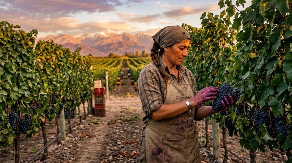 Grandes mujeres en la Historia del Vino - Una mujer de manos teñidas de mosto revisa racimos de malbec entre hileras de viña al atardecer, con los And