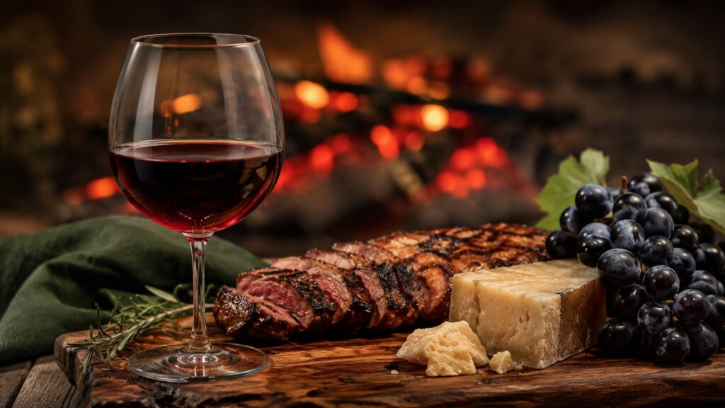 Vinos y comidas: Guía práctica para maridajes perfectos - Copa de vino tinto sobre una tabla de madera con corte de carne a la parrilla, queso curado