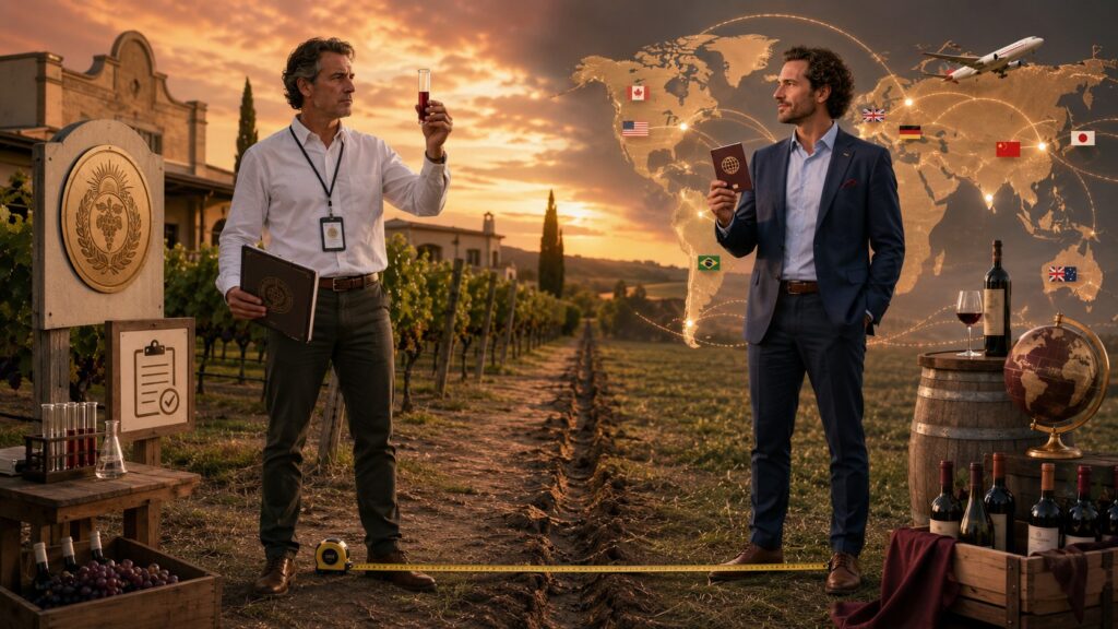 Instituto Nacional De Vitivinicultura vs Wines Of Argentina: comparativa completa - En un viñedo al atardecer, dos figuras se enfrentan: a la izquierd