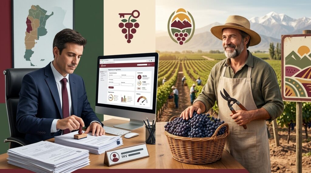 Instituto Nacional De Vitivinicultura vs Mendoza: comparativa completa - Un escritorio de oficina dividido al medio. Del lado izquierdo, un inspector