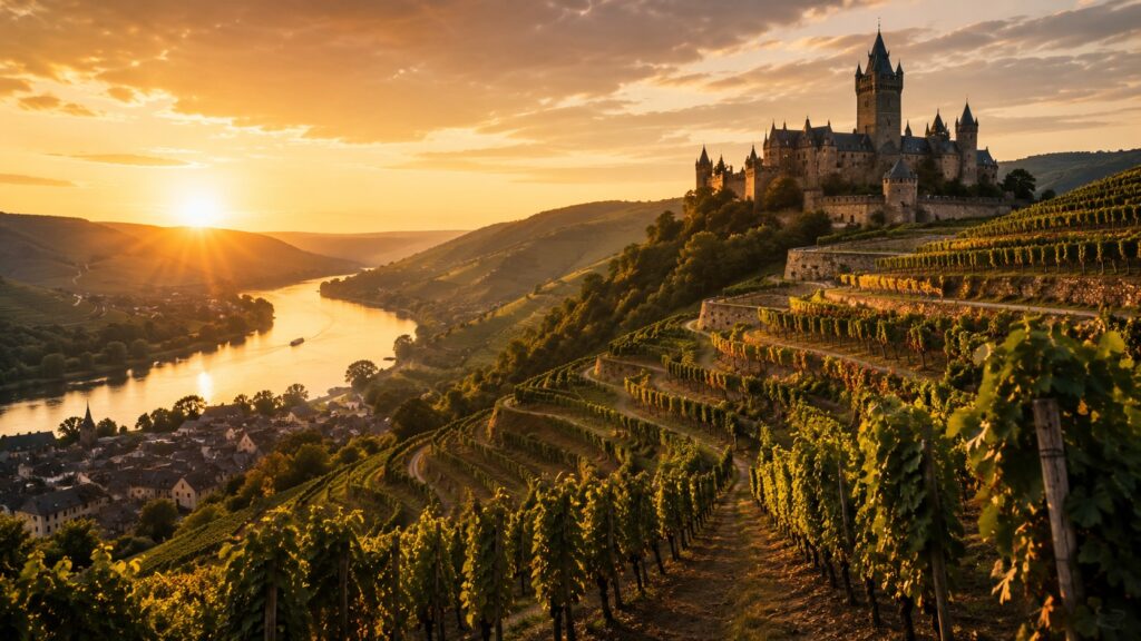 Las regiones vitivinícolas más emblemáticas del mundo - Panorámica de viñedos en terrazas escalonadas sobre un río europeo, con un castillo medieval a