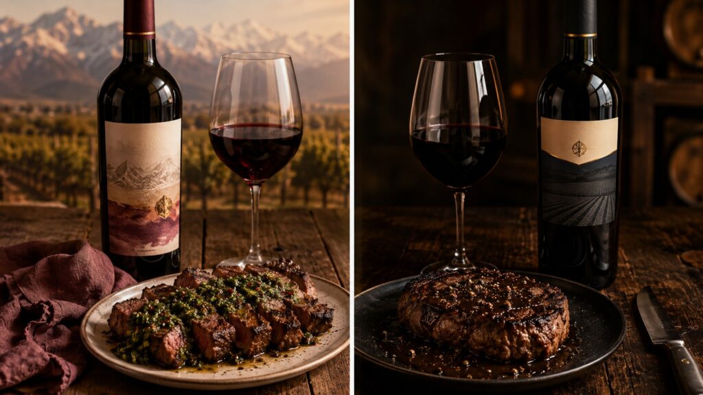Malbec vs Cabernet Sauvignon: comparativa completa - Una mesa de madera rústica dividida en dos mitades. A la izquierda, una botella de Malbec con eti