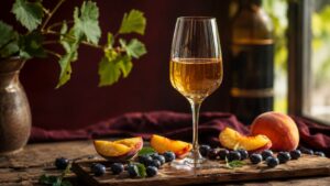 Maridaje de vino dulce con frutas: Exquisitas combinaciones - Una copa de vino dulce de hielo sobre una tabla rústica de madera, rodeada de rodajas de