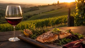 Maridaje del Pinot Noir: Descubre los Sabores Perfectos - Copa de vino tinto rubí translúcido sobre mesa de madera oscura, junto a una tabla con salmó
