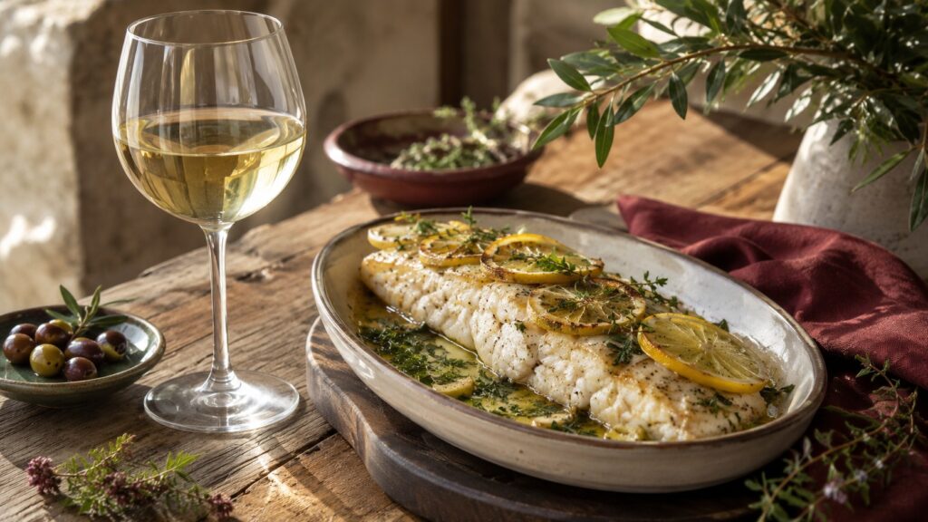 Vino en Semana Santa: Maridaje entre vinos y tradiciones - Copa de vino blanco junto a un plato de merluza al horno con rodajas de limón y hierbas fre