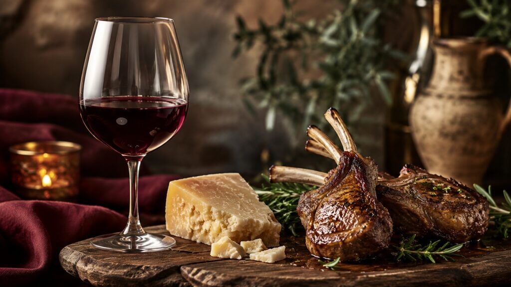 Maridaje ideal con vino Merlot: Guía de maridaje Merlot - Copa de Merlot tinto con reflejos rubí apoyada sobre una tabla de madera rústica, junto a un