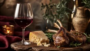 Maridaje ideal con vino Merlot: Guía de maridaje Merlot 2 Maridaje ideal con vino Merlot: Guía de maridaje Merlot - Copa de Merlot tinto con reflejos rubí apoyada sobre una tabla de madera rústica, junto a un