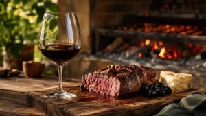 Maridaje ideal para el Malbec 1 Maridaje ideal para el Malbec - Una copa de vino tinto violáceo oscuro apoyada sobre una tabla de madera rústica, junto a un trozo de bife de chorizo